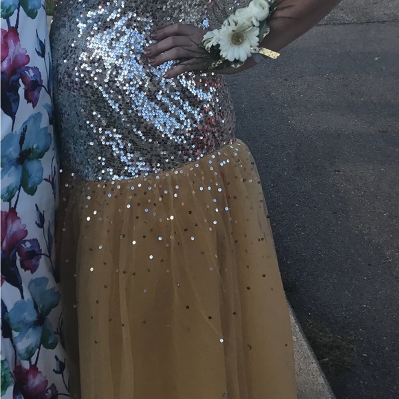 Strapless Gold Mermaid Sequin Prom Dress w/ Corset - Picture 9 of 12